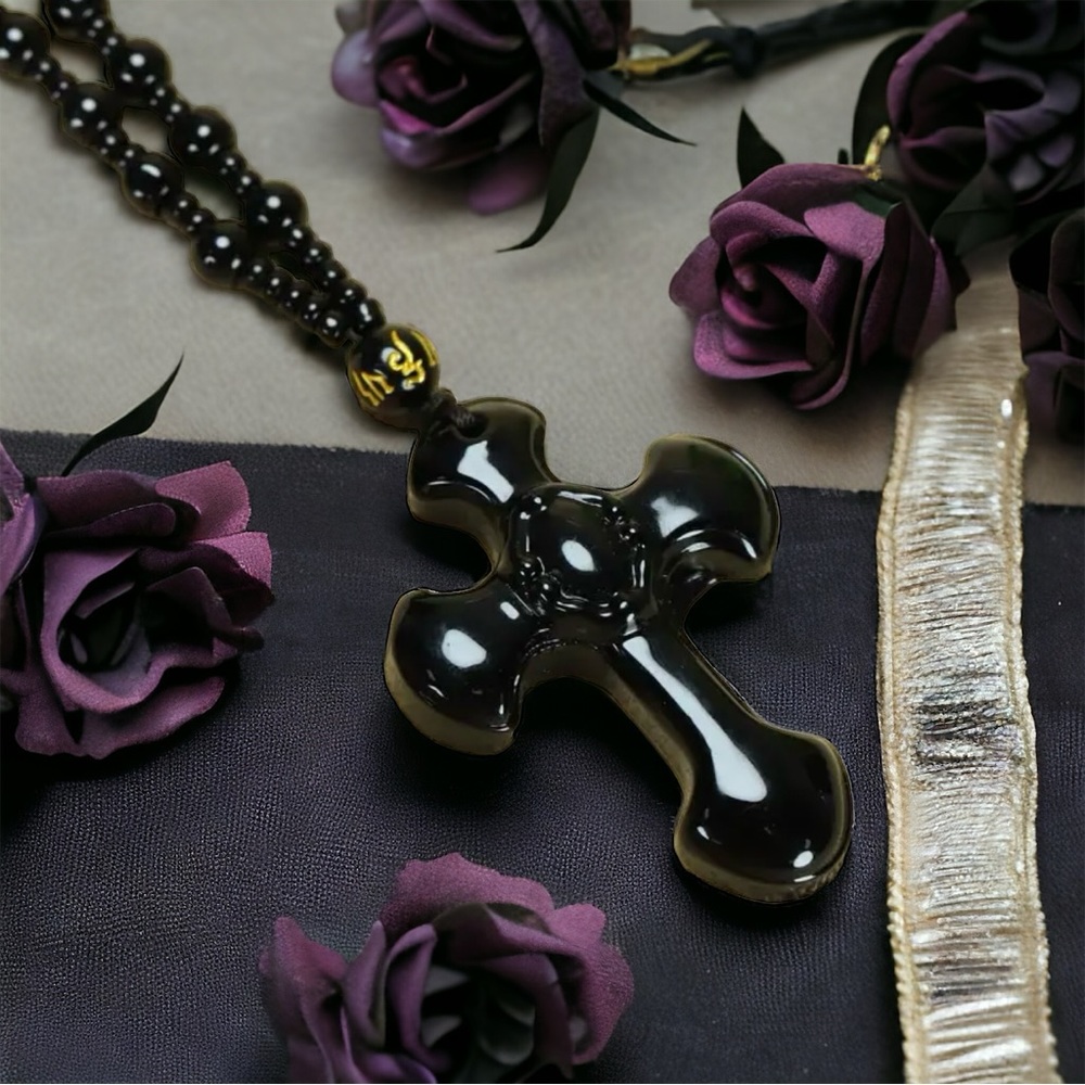 1pc Black Religious Christian Cross Fashion Obsidian Style Pendant Necklace - Picture 4 of 15
